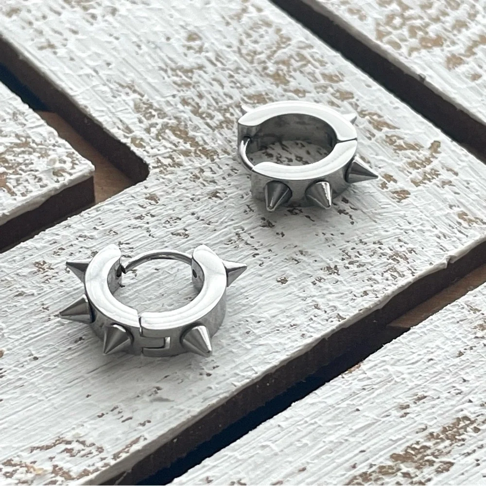 NWOT Stainless Steel Spiked Huggie Hoops Earrings Unisex